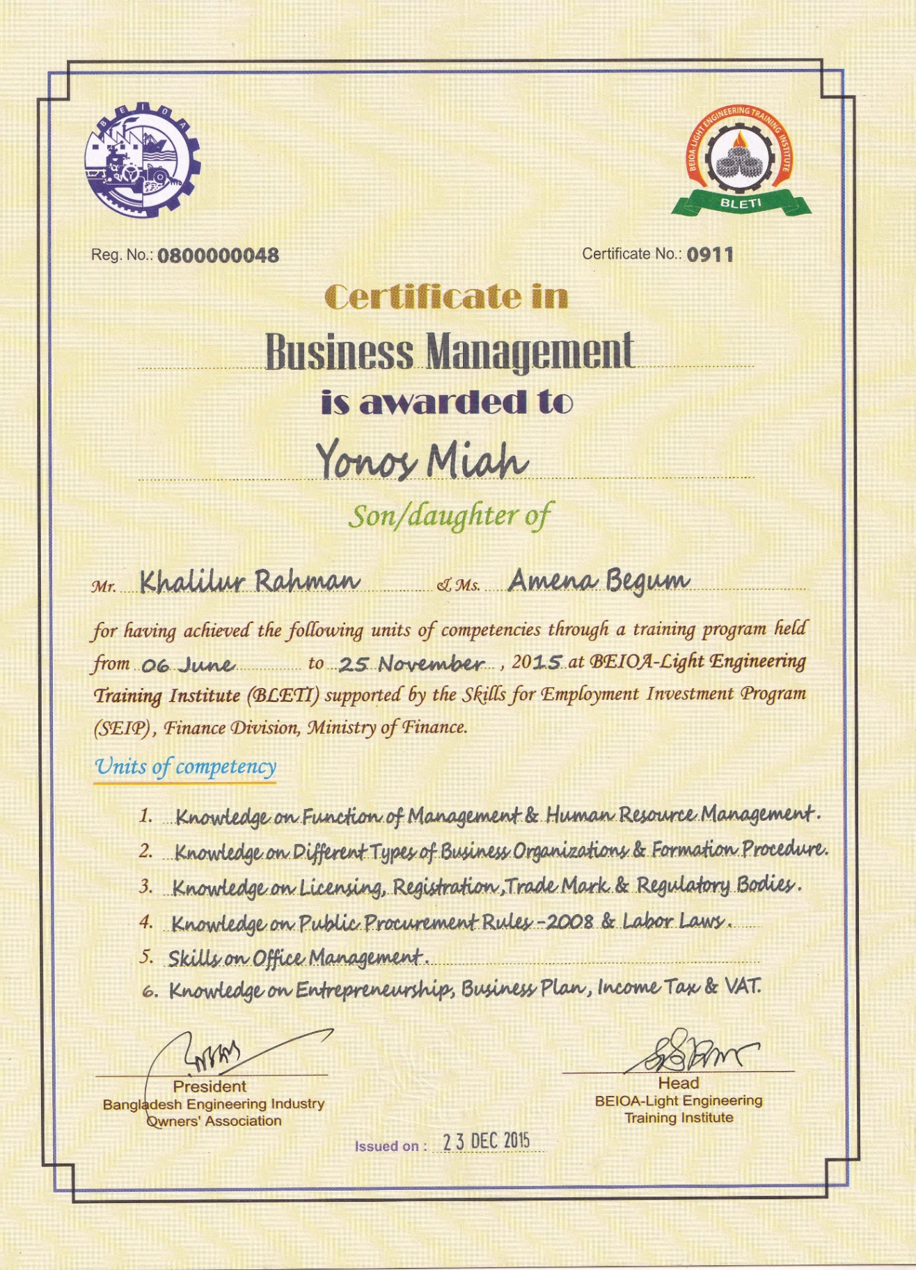 Certificate in Business Management