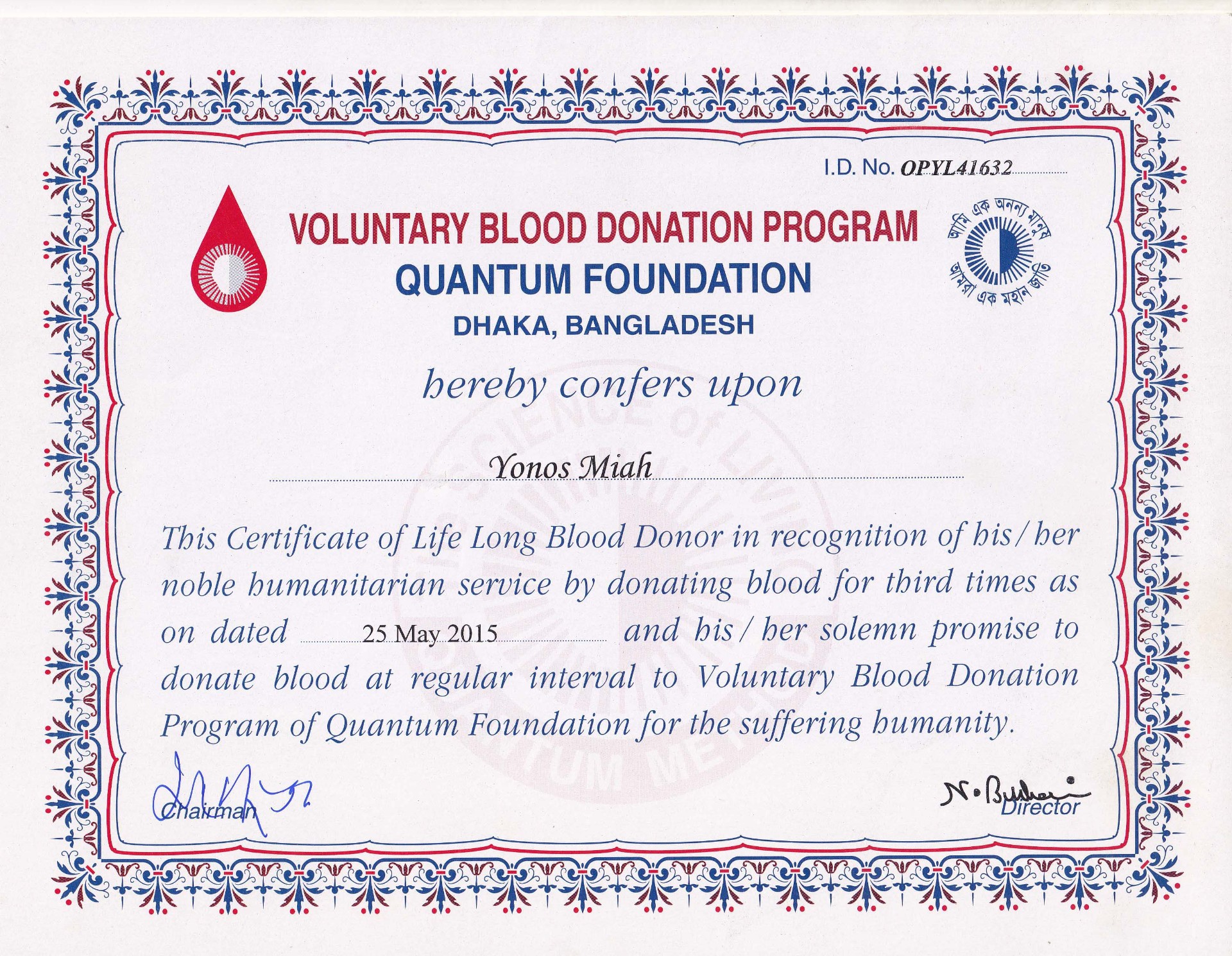 Lifelong Voluntary Blood Donor